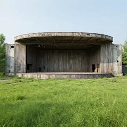 an abandoned music amphitheater with overgrown grass, and a rotting wooden stage