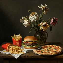 dutch golden age still life, fast food, burger, fries, pizza, withered flowers, otto marseus van schrieck still life, dutch golden age painting, dramatic lighting, cinematic lighting, willem van aelst still life, elias van den broeck painting still life, christiaen striep still life, rachel ruysch flowers, oil on canvas