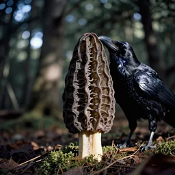a photo of an gigantic frightened mutant morel crow in its natural habitat, kodak ektachrome e 1 0 0 photography