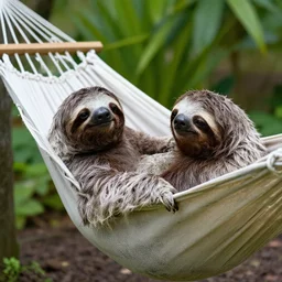 a photograph of a sloth resting in a hammock in his garden, nature photography, sharp focus, long focal length