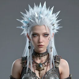 highly detailed portrait of wasteland punk spikey white ice shard hair tribal lady, stray wiring by atey ghailan, james gilleard, by joe fenton, by greg rutkowski, by greg tocchini, by kaethe butcher, 4 k resolution, gradient blue, cyan, black and white color scheme!!! ( ( snowy glaciated robotic dystopian city background ) )