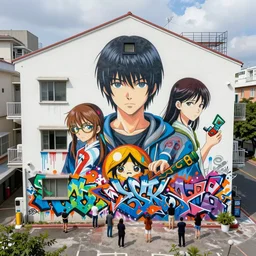+ + people in a city looking at a white building covered with a 3 d graffiti mural with paint dripping down to the floor + + painterly + james jean + yoshitaka amano, hiroshi yoshida, moebius, loish, artgerm, painterly, symmetrical, ultra detailed : : 1, hyper realistic, overhead view