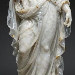 a delicate renaissance marble sculpture covered with water veil, highly detailed transparent marble cloth, global illumination, physically based rendering, photorealistic, top light, gold accents