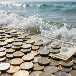 a Sea made of shiny coins and dollars, waves of coins, 4k, high resolution, beatiful landscale