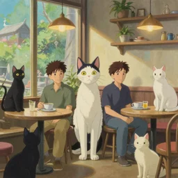 a mixed media closeup portrait painting of the interior of a cat in an aesthetic cat - themed cafe, cats everywhere, minimalist, by studio ghibli, thomas kinkade, greg rutkowski, beeple, yoko taro, christian macnevin, beeple, wlop and krenz cushart, epic fantasy character art, volumetric outdoor lighting, midday, high fantasy, cgsociety, cheerful colours, full length, exquisite detail, post - processing, masterpiece, cinematic