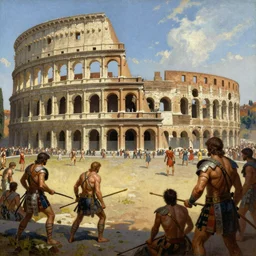 An oil painting of a gladiatorial arena match, by Greg Rutkowski, Frank Frazetta, Boris Vallejo, epic fantasy character art, Exquisite detail, post-processing, masterpiece, cinematic, Coliseum of Rome