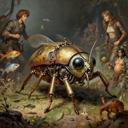highly detailed wide - angle portrait of a retro mechanical insect toy, nicoletta ceccoli, mark ryden, lostfish, earl nore, hyung tae, frank frazetta, global illumination, detailed and intricate environment