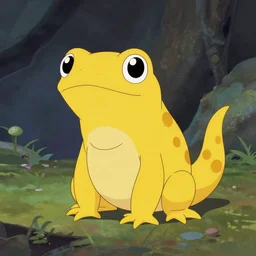 a yellow salamander drawn by don bluth, 1997 film, animated