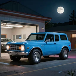 a cinematic keyframe matte painting of a sleek 1 9 7 0 s vaporwave concept vehicle retro - futurism sci - fi sky blue ford bronco car in an open garage in the colorado, view from the street. in the moonlight. by eric lafforgue, glennray tutor and edward hopper, greg rutkowski. trending on artstation.