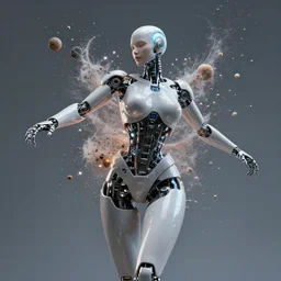 beautiful cyborg disintegrates into atoms