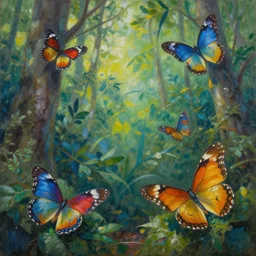 a beautiful painting of butterflies in a forest in the style of Robert Williams