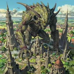 a highly detailed matte painting of a giant eldritch beast crushing a beautiful ruined fantasy city, aerial view, by studio ghibli, makoto shinkai, by artgerm, by wlop, by greg rutkowski, volumetric lighting, octane render, 4 k resolution, trending on artstation, masterpiece