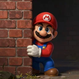 man super mario, hiding behind a brick wall, dark mood, highly detailed, digital painting, artstation, illustration, art by artgerm and greg rutkowski and alphonse mucha