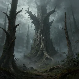 A highly detailed 4K fantasy matte painting of a large, dead forest sith deep fog. Craig Mullins, ArtStation, CGSociety, Unreal Engine