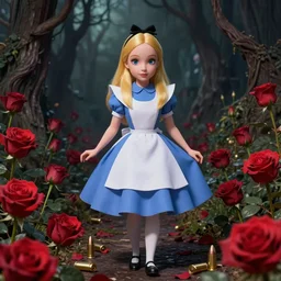 Alice in Wonderland,roses,bullets,highly detailed,cinematic,8k,by Stanley Artgermm,Tom Bagshaw,Greg Rutkowski,Carne Griffiths, Ayami Kojima, Beksinski, Giger,trending on DeviantArt,hyper detailed,horror, full of colour