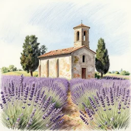 abandoned church near a lavander field in italian landscape, colored pencil drawing