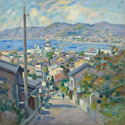 a beautiful japanese city near the sea, visible pipe, cable, 1 0 % cyberpunk, year 1 9 2 0, oil painting in impressionist style, by monet, multiple brush strokes, inspired by ghibli and makoto shinkai, masterpiece