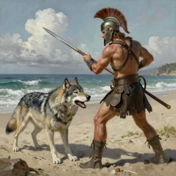 an spartan man fighting with an wolf on a beach, Matte painting , detailed painting, made by Greg Rutkowski, 4k, atmospheric