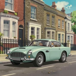 a wholesome animation key shot of a miniature aston martin db 5, in a rich london mews residential street, medium range, studio ghibli, ( pixar ) and disney animation, sharp, very detailed, unreal engine 5 render, bloom, high resolution, anime key art by greg rutkowski