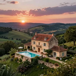award winning photo of an ultra detailed high quality!! an old house with swimmingpool on the hill in the dordogne in france, beautiful colorful sunset. summer. highly detailed, highly intricate, depth of field, beautiful landscape, award winning