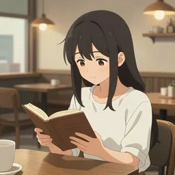 a young woman reading a book in a cozy coffee shop, anime key visual, anime screenshot, artstation, loish van baarle