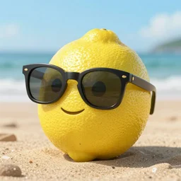 a lemon wearing shades on a beach, hyper-realistic