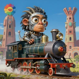 Beautiful painting of anthropomorphic steam engine Barry Chuckle caveman hydra, Neo-Andean Architecture art by Takashi Murakami, art by Victor Moscoso. Lifelike mechanical eyes. Locomotive Barry Chuckle. Trending on artstation, hyperrealism, 8k