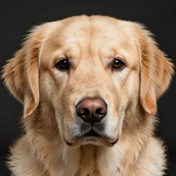 extreme close-up portrait of a golden retriever looking into the camera, studio lighting, macro photography