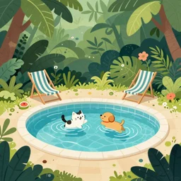swimming pool in the middle of the jungle a cat and a dog playing around , beach chair , illustration