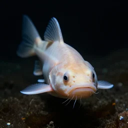 eyeless blind albino catfish from inside deep dark freshwater lake cavern, black background, dark dim lighting, legendary award winning underwater nature photography
