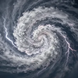 a giant cloud, cloud spiral, waves of electrical energy spark around the spiral, 40nm lens, wide angle, shallow depth of field, 4k,