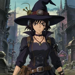 a full body film still portrait of a confident dieselpunk witch, finely detailed features, closeup at the faces, perfect art, at an ancient city, gapmoe yandere grimdark, trending on pixiv fanbox, painted by greg rutkowski makoto shinkai takashi takeuchi studio ghibli, akihiko yoshida