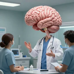 Human sized brain wearing a doctors uniform in a hospital talking to some nurses, concept art, artstation