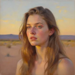 detailed oil portrait of rhea seehorn, full head, dreamlike whistful expression, new mexico background painted by stephen bliss, desert sky, golden hour lighting