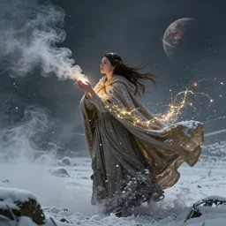 streams of smoke and snow swirl around a young woman wearing a long flowing cloak blowing in the wind, swirling flashes of gold and silver light, cinematic lighting, fantasy painting, distant planet