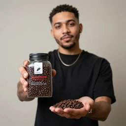 Jacksepticeye holding coffee beans from his own company, YouTube