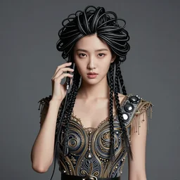 portrait of pretty woman, hair made by phone cable, intrincate dress, ornated
