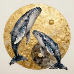 realistic scene of whales as ying yang, golden, delicate, hyper realism, 1 4 5 0, ink, ultra realistic, 8 k