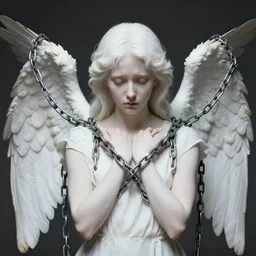 a sad portrait of an angel with boned wings blocked by chains covered by vegeration, sunset, bright light, hyperdetailed, artstation, cgsociety, 8 k