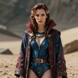 detailed ultrarealistic 4 k photography front medium shot of sadie sink, swimsuit, postapocalyptic, doctor strange robe, fantasy, starwars, artstation cinematic, vray