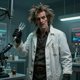 a highly detailed epic cinematic concept art cg render digital painting artwork costume design : cyberpunk 2 0 7 7 as a 1 9 5 0 s crazy mad scientist lunatic in a lab coat, with wild unkempt hair. by beeple, trending on artstation,