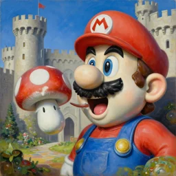 a massive porcelain sculpture in a medieval castle of super mario's face spewing mushrooms from his mouth, in the style of johnson tsang, funny sculpture, lucid dream series, oil on canvas, francis bacon