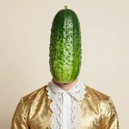 Guy wearing a cucumber for a hat, French guy, gold and lace