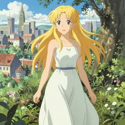 Portrait of a golden-haired elf woman walking through a city reclaimed by nature, beautiful face, highly detailed, photoshop, digital illustration, official anime key visual, by Makoto Shinkai and Hayao Miyazaki, by Alphonse Mucha and Artgerm
