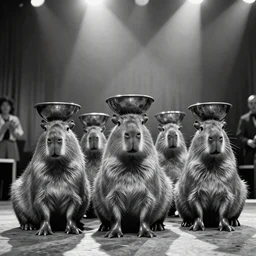 black and white photo of a capybara band with bowl haircuts on the Ed Sullivan Show in 1965, cinematic lighting, light rays, ultra realistic, photorealistic, volumetric lighting, photography