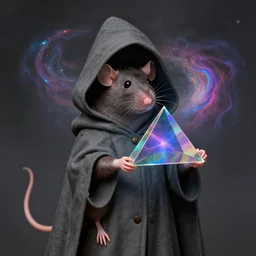 a rat, wearing a hooded cloak, holding a iridescent triangle prism, eel nebula, by vincent desiderio
