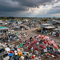 vast panoramic view from building height of a landscape full of junkyards, garbage heaps and recycled electronic gear all covered in a thin layer of transparent strawberry jelly