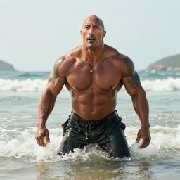 Dwayne Johnson pooping in the sea of the beach, 8k, ww1, hyperrealistic, high resolution, high detail Dwayne Johnson