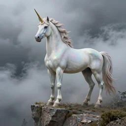a iridescent unicorn looking off a cliff that shows a covered in toxic smog, ultra realistic, concept art, intricate details, highly detailed, photorealistic, octane render, 8 k, art by artgerm and greg rutkowski and alphonse mucha