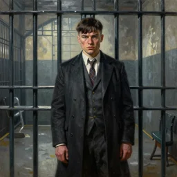 a criminal in jail, Peaky Blinders, oil painting by Greg Rutkowski